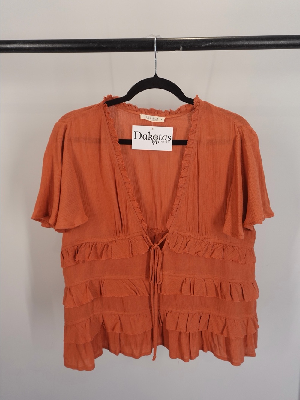 Rust Orange Ruffle Tie-Front Deep V-neck Short Sleeve Blouse